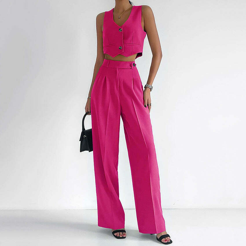 Y2K Aesthetic V-Neck Top & Straight Pants Suit - Coquette Style Grunge Fashion