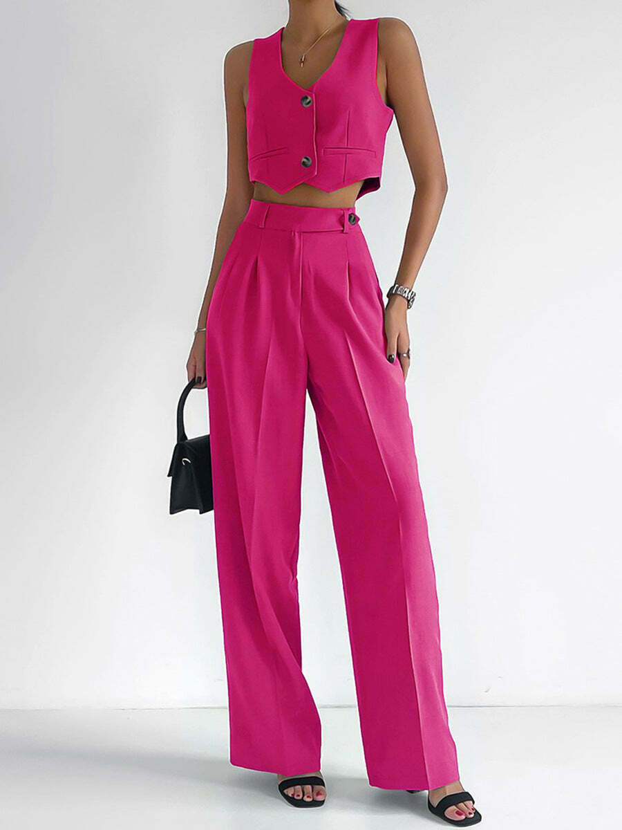 Y2K Aesthetic V-Neck Top & Straight Pants Suit - Coquette Style Grunge Fashion