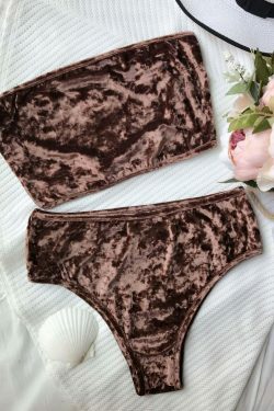 Y2K Aesthetic Velvet Bandeau Bikini Set with High Leg Cut