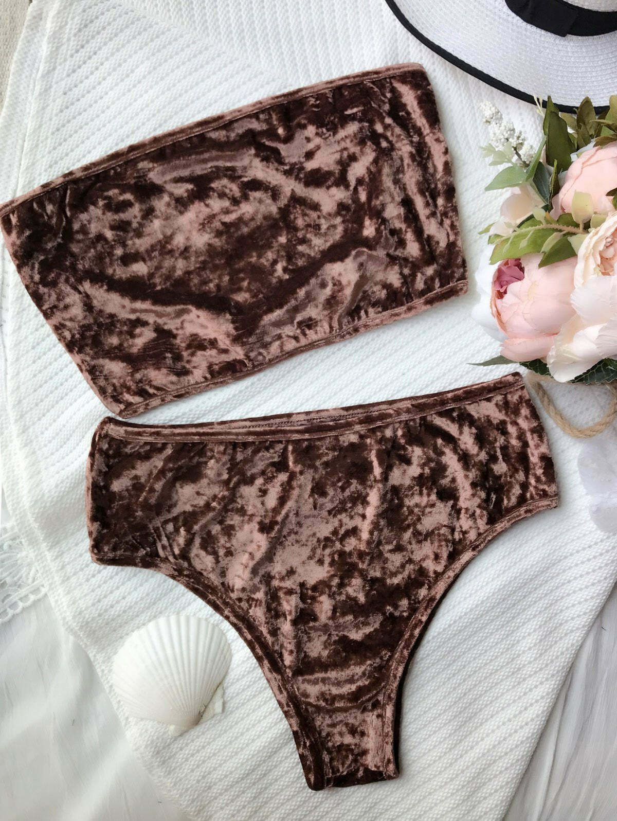 Y2K Aesthetic Velvet Bandeau Bikini Set with High Leg Cut
