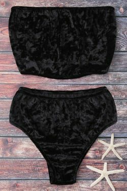 Y2K Aesthetic Velvet Bandeau Bikini Set with High Leg Cut