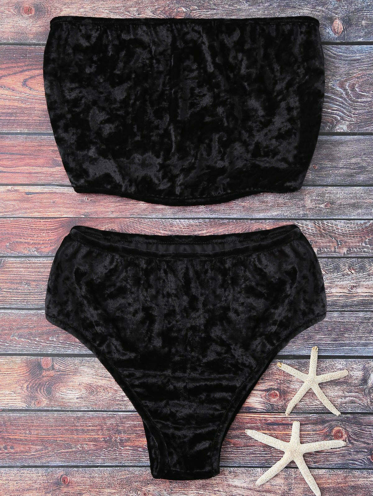 Y2K Aesthetic Velvet Bandeau Bikini Set with High Leg Cut