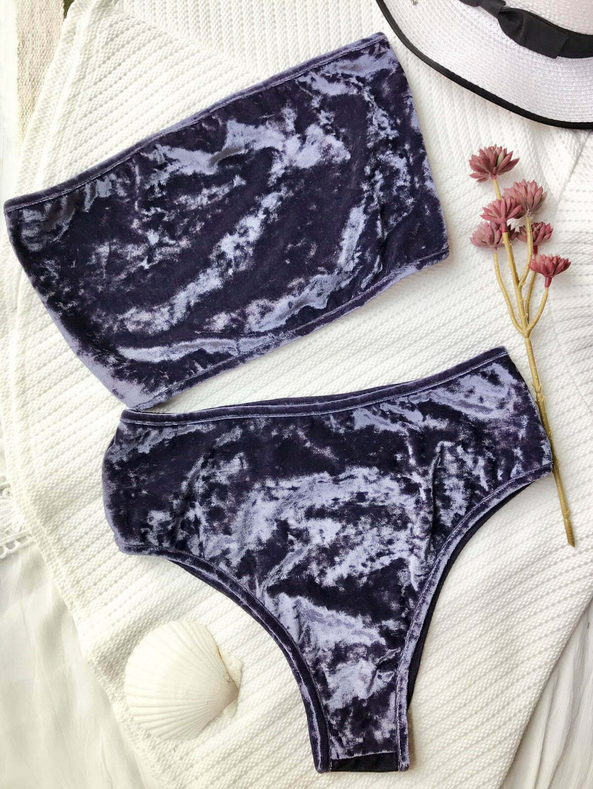 Y2K Aesthetic Velvet Bandeau Bikini Set with High Leg Cut