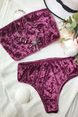 Y2K Aesthetic Velvet Bandeau Bikini Set with High Leg Cut
