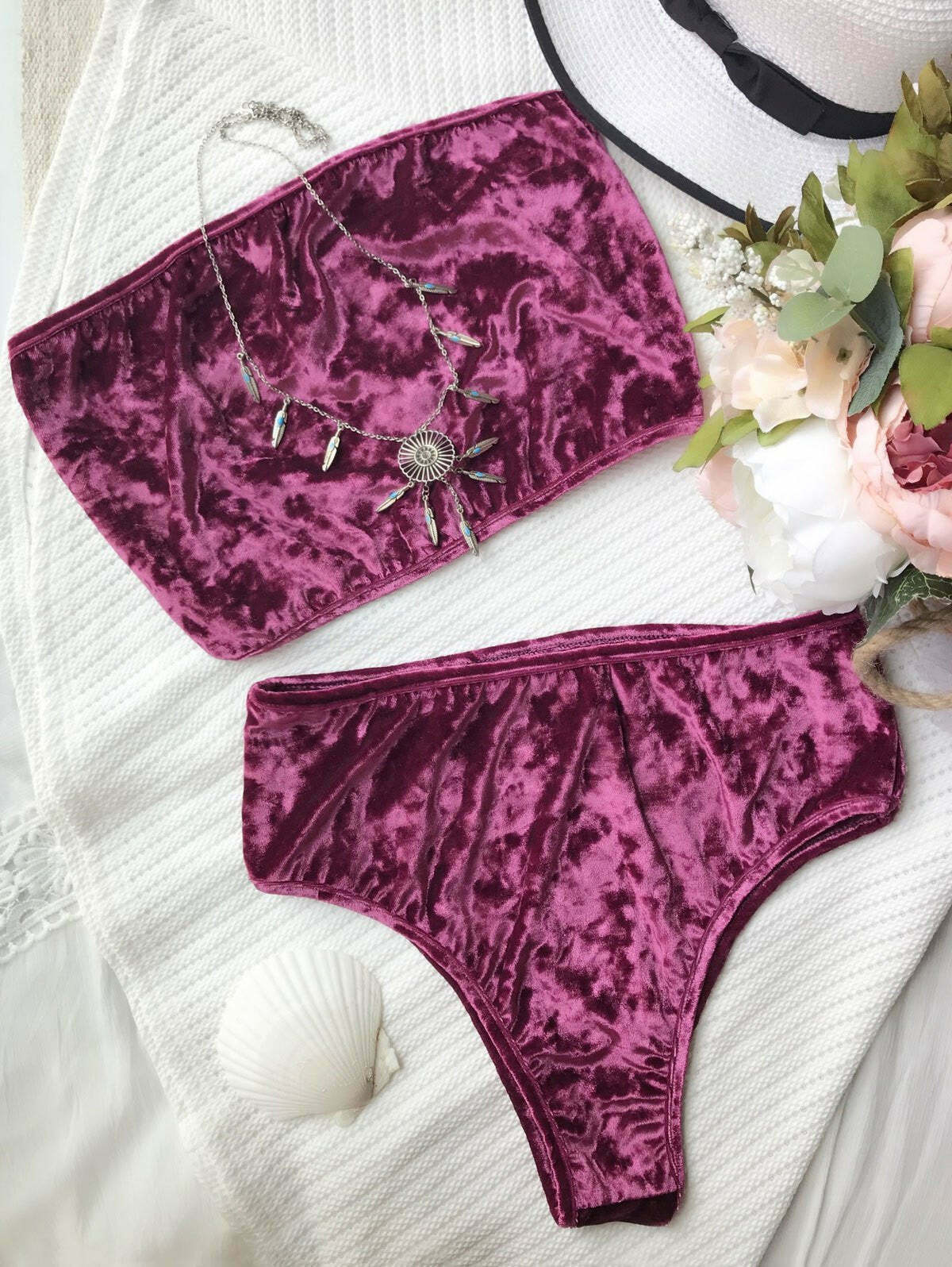 Y2K Aesthetic Velvet Bandeau Bikini Set with High Leg Cut