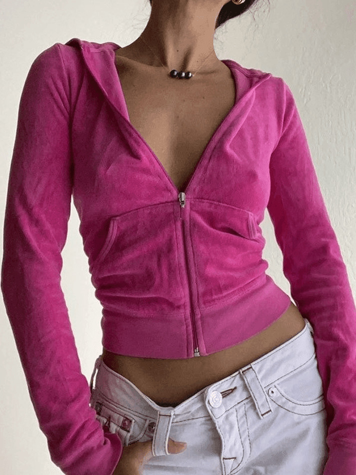 Y2K Aesthetic Velvet Zip Up Hoodie for Women - Coquette Style Grunge Fashion with Pastel Goth Vibes