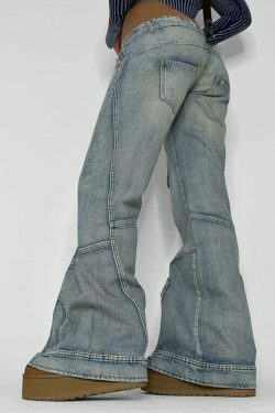 Y2K Aesthetic Washed Gradient Pocket Splicing Straight Jeans for Women