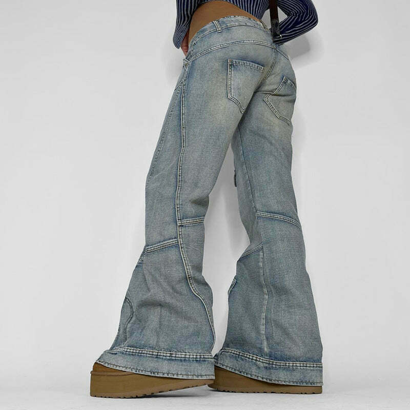 Y2K Aesthetic Washed Gradient Pocket Splicing Straight Jeans for Women