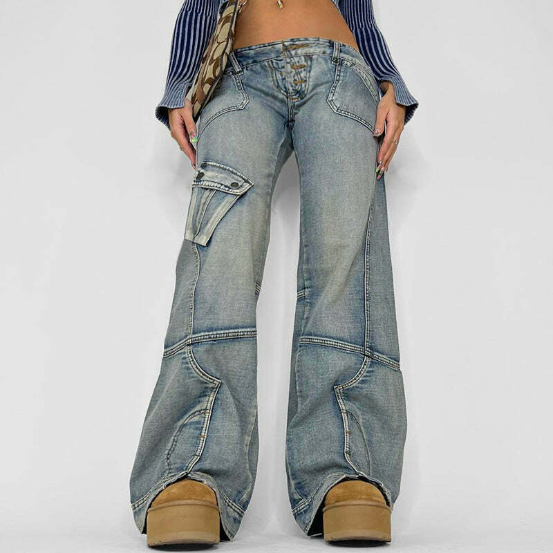 Y2K Aesthetic Washed Gradient Pocket Splicing Straight Jeans for Women