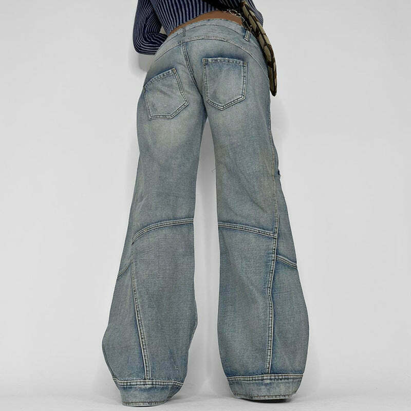 Y2K Aesthetic Washed Gradient Pocket Splicing Straight Jeans for Women