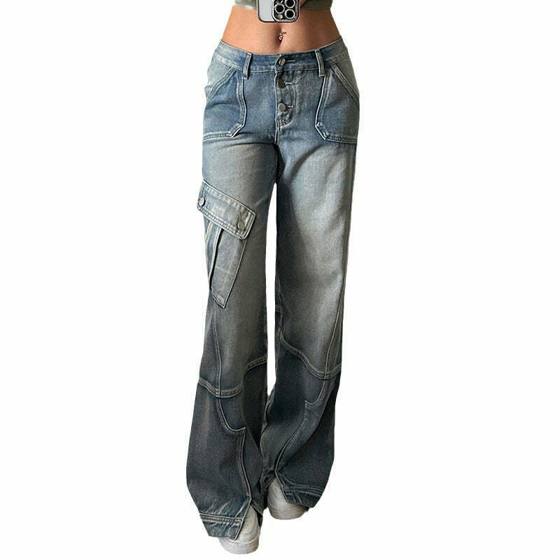 Y2K Aesthetic Washed Gradient Pocket Splicing Straight Jeans for Women