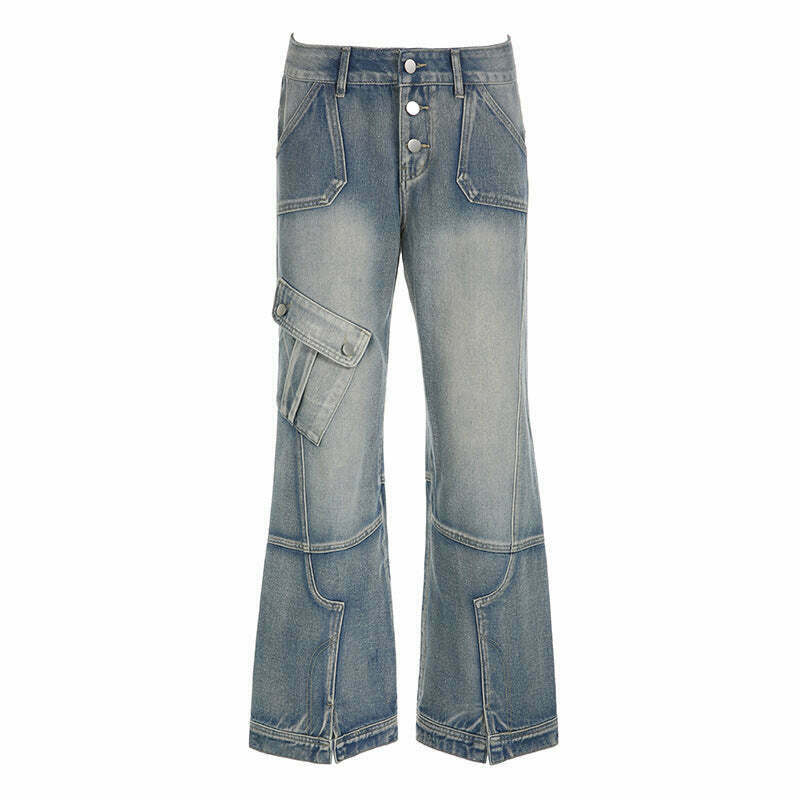 Y2K Aesthetic Washed Gradient Pocket Splicing Straight Jeans for Women
