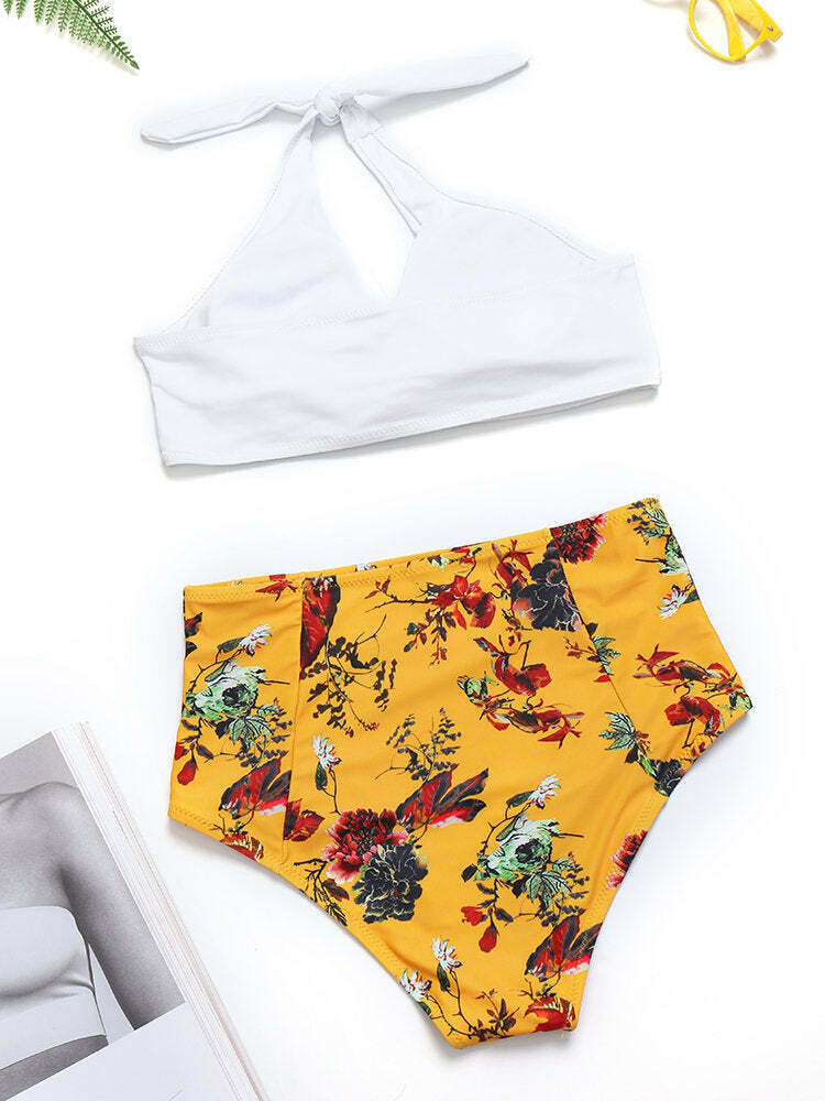Y2K Aesthetic White Bra Bikini Set - High Waist Halter Cross Swimsuit