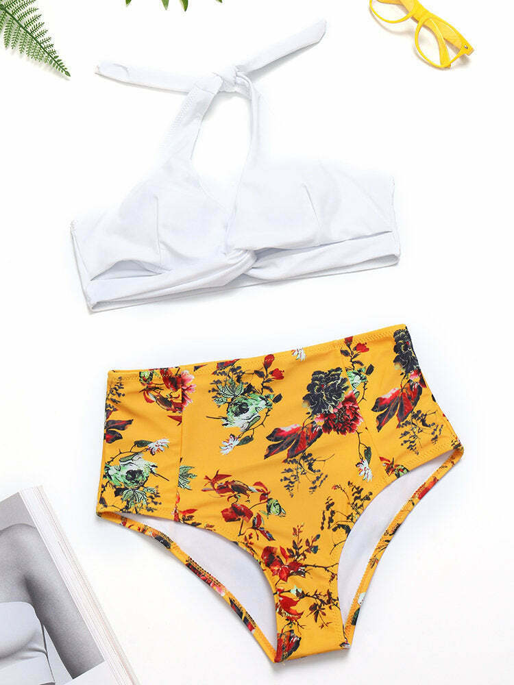 Y2K Aesthetic White Bra Bikini Set - High Waist Halter Cross Swimsuit