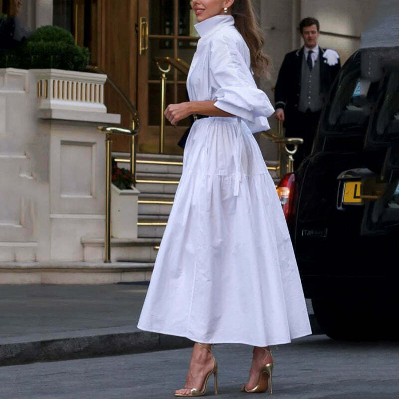 Y2K Aesthetic White Loose Dress - Coquette Style Elegant Long-Sleeved Women's Fashion
