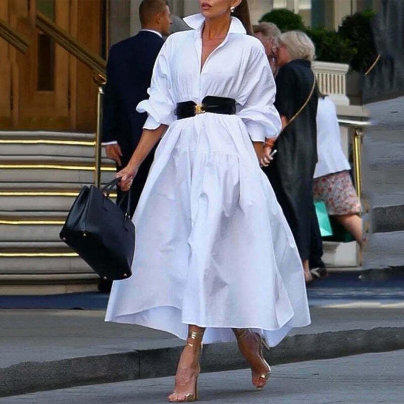 Y2K Aesthetic White Loose Dress - Coquette Style Elegant Long-Sleeved Women's Fashion