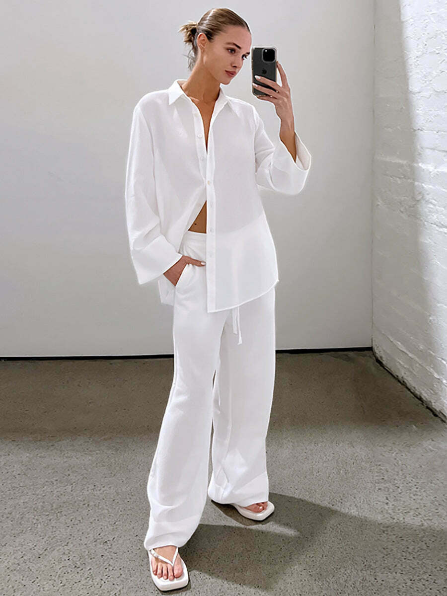 Y2K Aesthetic White Pure Cotton Trousers Suit for Women - Coquette & Grunge Style Cargo Skirt Outfit