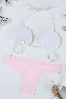 Y2K Aesthetic White Shell Wave Halter String Backless Bikini Swimsuit