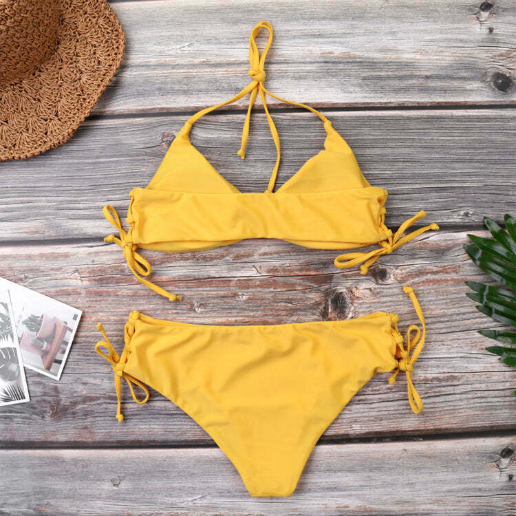 Y2K Aesthetic Yellow Ribbed String Bikini Set - Coquette Style for Women - Grunge Fashion