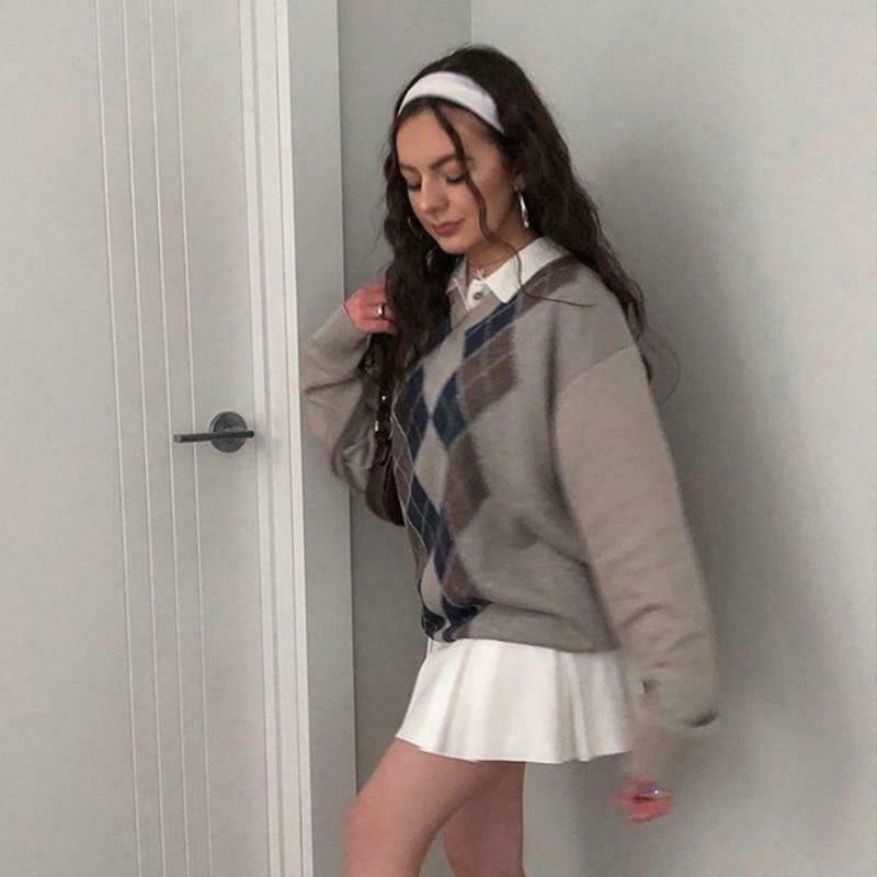 Y2K Argyle Sweater - Coquette Aesthetic Grunge Style for Women - Cute Pastel Goth Fashion