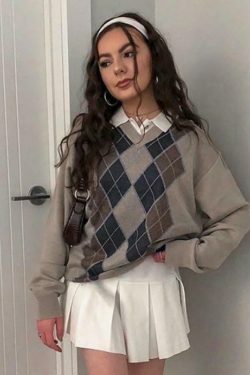Y2K Argyle Sweater - Coquette Aesthetic Grunge Style for Women - Cute Pastel Goth Fashion