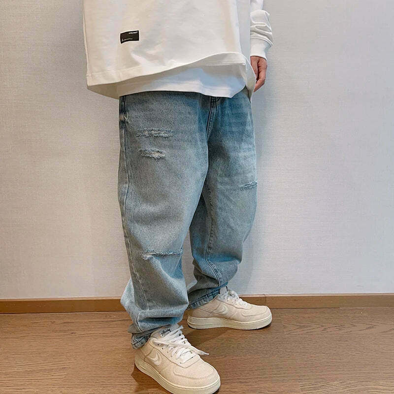 Y2K Balloon Fit Distressed Denim Jeans - Coquette Aesthetic Grunge & Pastel Goth Style