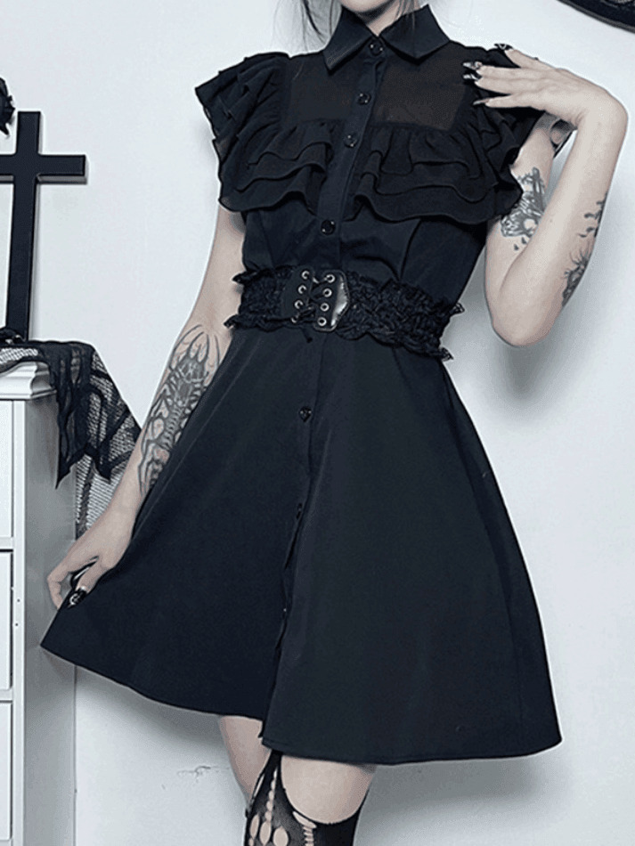Y2K Black Ruffle Polo Neck Mini Dress - Coquette Aesthetic Grunge Style Women's Fashion