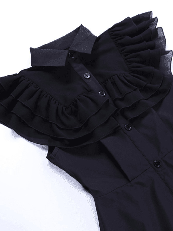 Y2K Black Ruffle Polo Neck Mini Dress - Coquette Aesthetic Grunge Style Women's Fashion