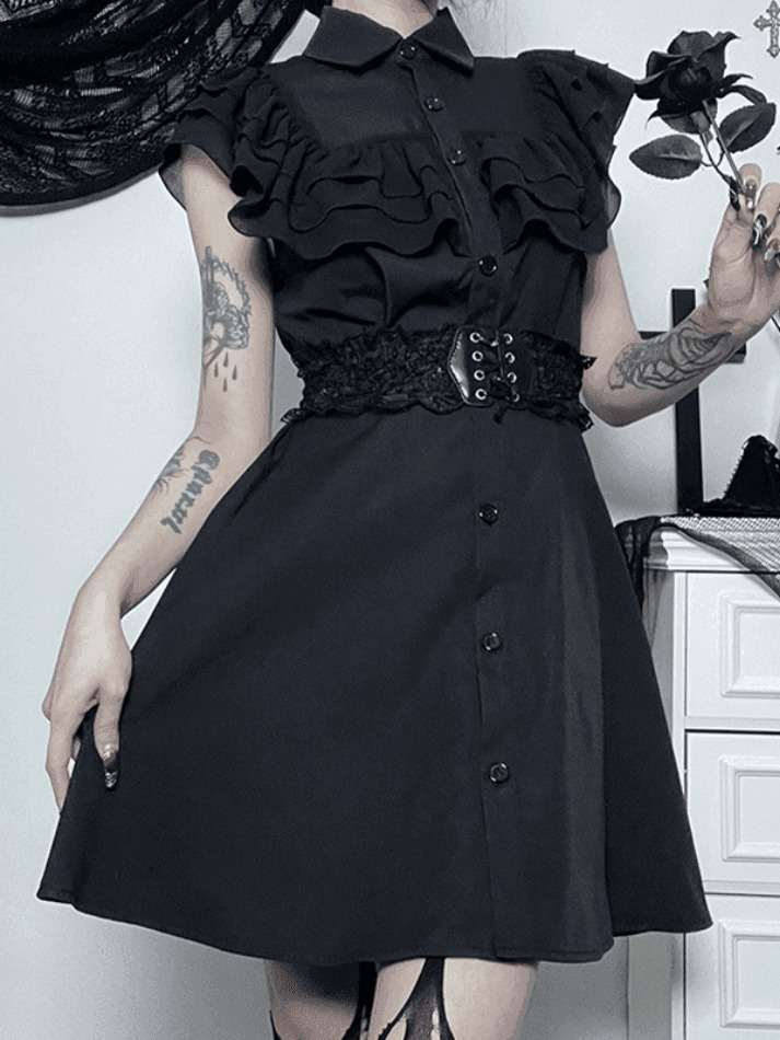 Y2K Black Ruffle Polo Neck Mini Dress - Coquette Aesthetic Grunge Style Women's Fashion