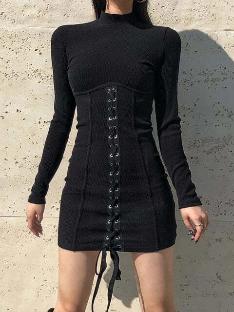 Y2K Black Tie-Up Dress: Coquette Aesthetic - Grunge, Pastel Goth, Cottagecore, Vintage Sweater