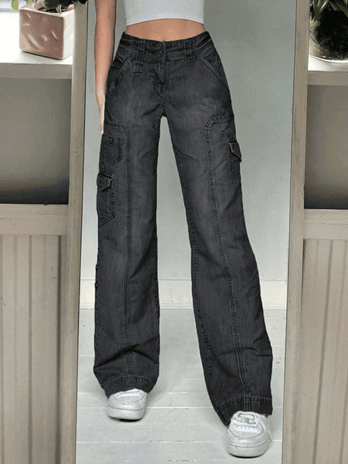 Y2K Bleached Pocket Cargo Jeans - Coquette Aesthetic Grunge Style for Women - Vintage 90s Fashion