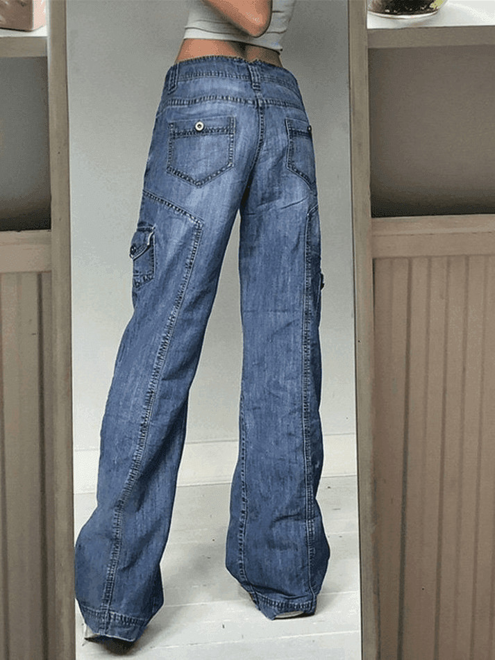 Y2K Bleached Pocket Cargo Jeans - Coquette Aesthetic Grunge Style for Women - Vintage 90s Fashion