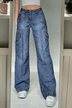 Y2K Bleached Pocket Cargo Jeans - Coquette Aesthetic Grunge Style for Women - Vintage 90s Fashion