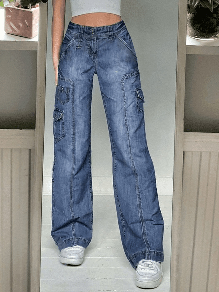 Y2K Bleached Pocket Cargo Jeans - Coquette Aesthetic Grunge Style for Women - Vintage 90s Fashion