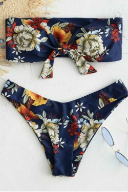 Y2K Blue Floral Bandeau Bikini Set with Knot Detail - Coquette Aesthetic Swimwear