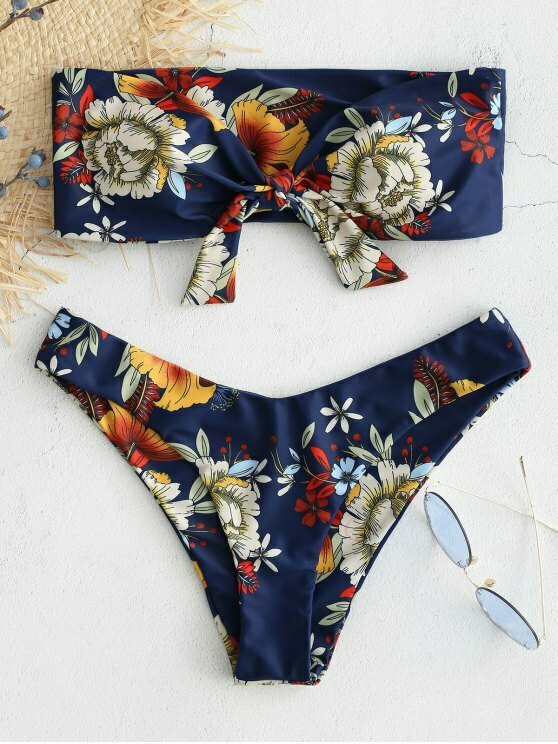 Y2K Blue Floral Bandeau Bikini Set with Knot Detail - Coquette Aesthetic Swimwear