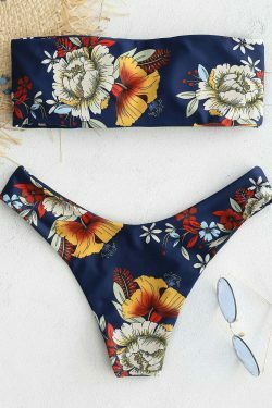 Y2K Blue Floral Bandeau Bikini Set with Knot Detail - Coquette Aesthetic Swimwear