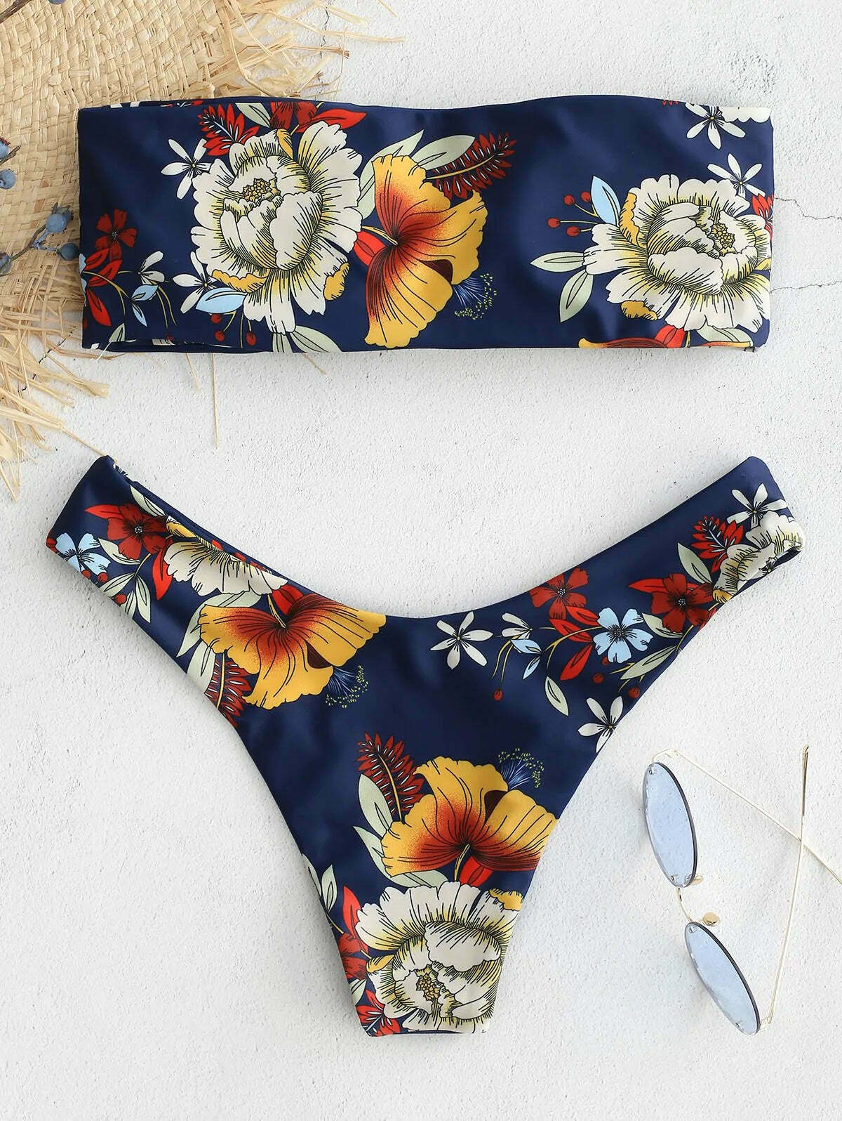 Y2K Blue Floral Bandeau Bikini Set with Knot Detail - Coquette Aesthetic Swimwear