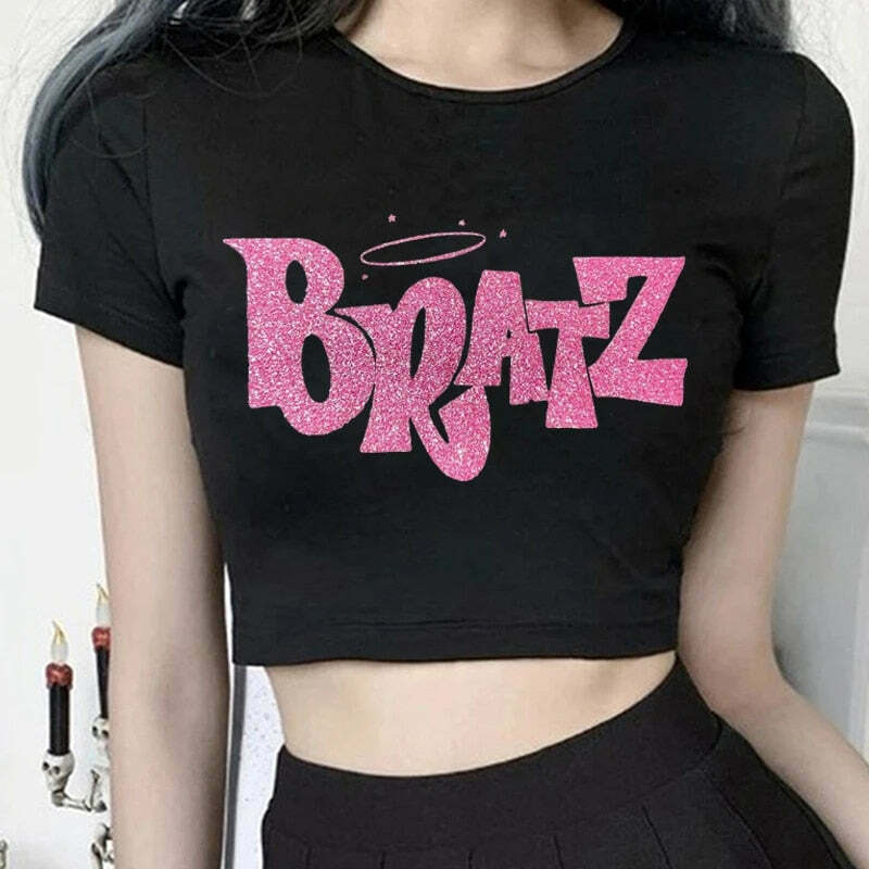 Y2K Bratz Black Crop Top: Coquette Aesthetic Grunge Style for Women - Cute Pastel Goth Fashion