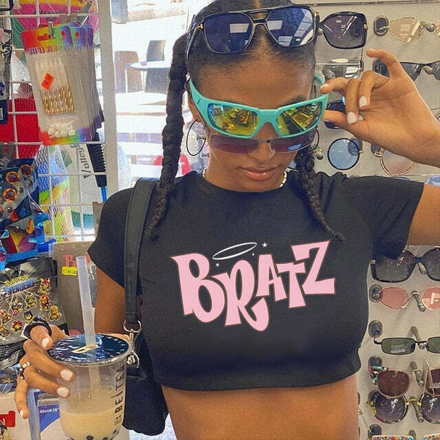 Y2K Bratz Black Crop Top: Coquette Aesthetic Grunge Style for Women - Cute Pastel Goth Fashion