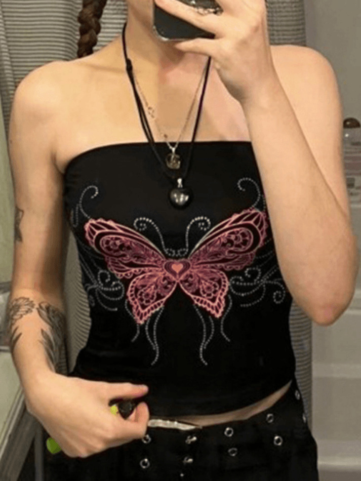 Y2K Butterfly Print Bandeau Top - Coquette Aesthetic, Grunge Style, Cute Tops