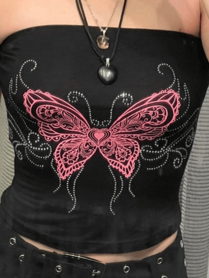 Y2K Butterfly Print Bandeau Top - Coquette Aesthetic, Grunge Style, Cute Tops