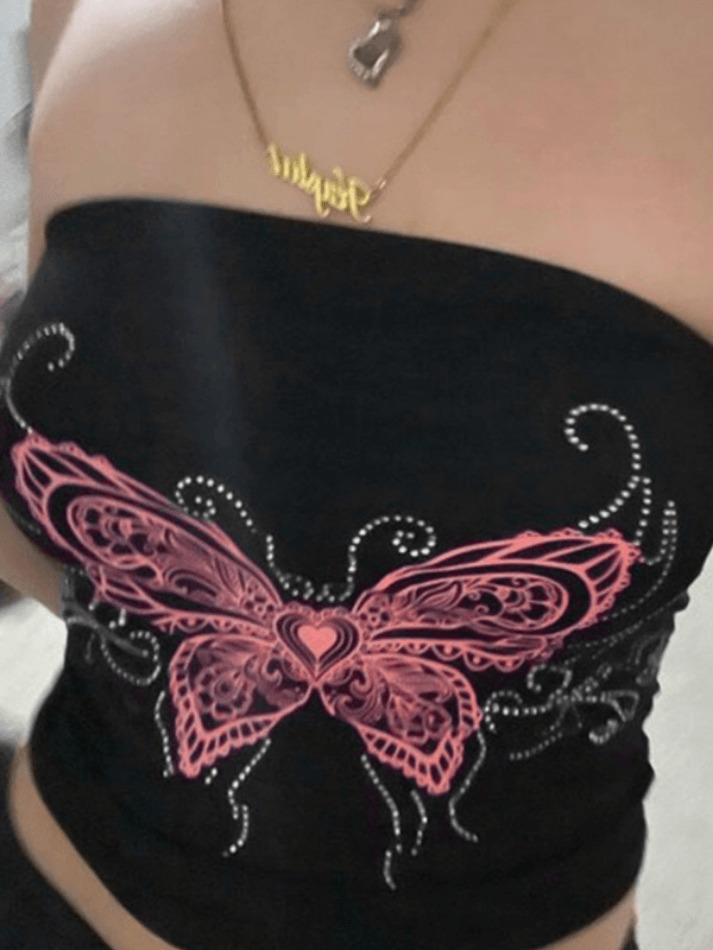 Y2K Butterfly Print Bandeau Top - Coquette Aesthetic, Grunge Style, Cute Tops
