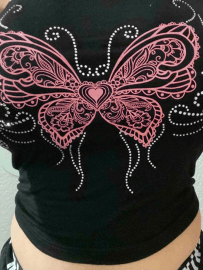 Y2K Butterfly Print Bandeau Top - Coquette Aesthetic, Grunge Style, Cute Tops