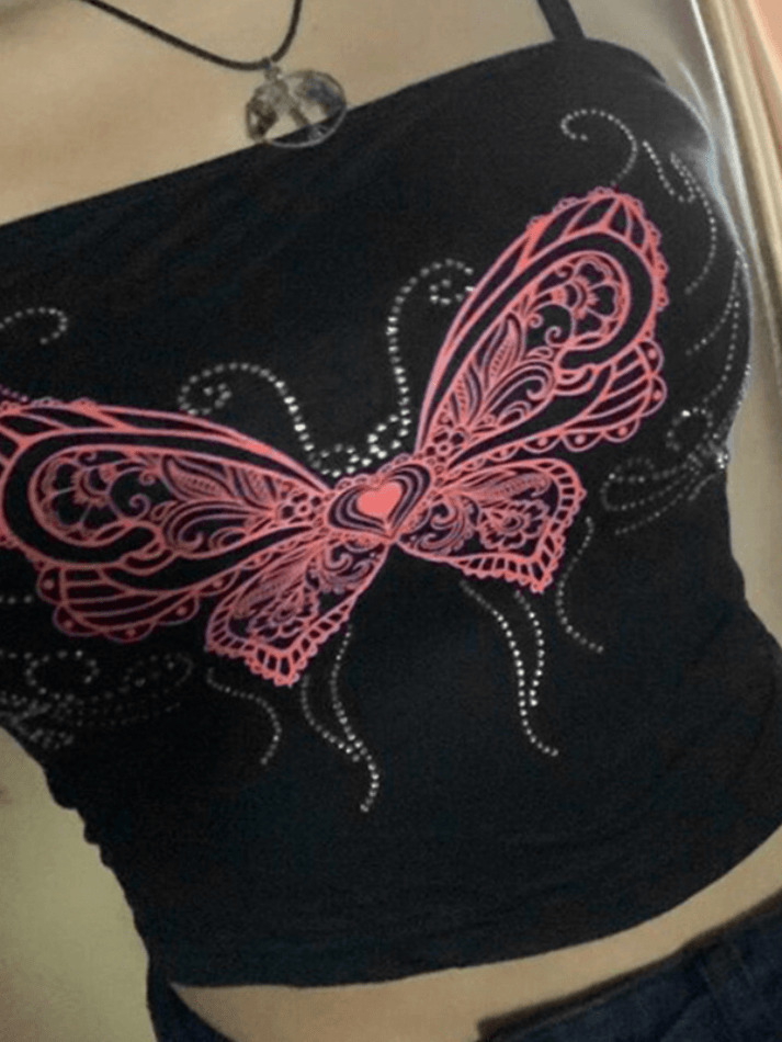 Y2K Butterfly Print Bandeau Top - Coquette Aesthetic, Grunge Style, Cute Tops