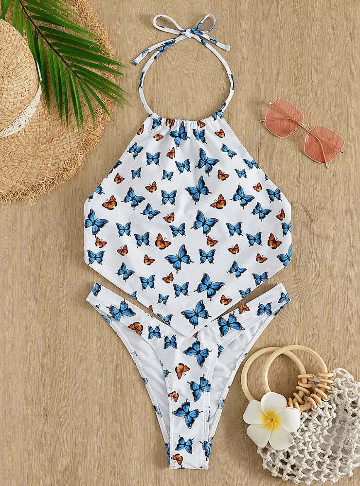 Y2K Butterfly Print Neck Sexy Two-Piece Bikini for Women - Coquette Aesthetic Swimwear