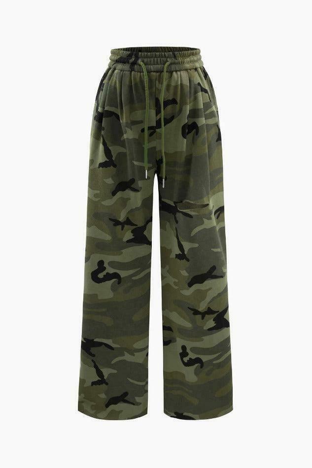 Y2K Camo Drawstring Ripped Cargo Skirt for Women - Coquette Aesthetic Grunge Style Fashion