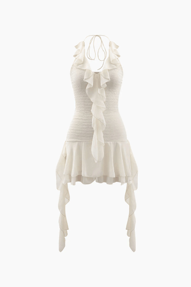 Y2K Coquette Aesthetic Halter Neck Ruffle Mini Dress for Women - Grunge Style Fashion