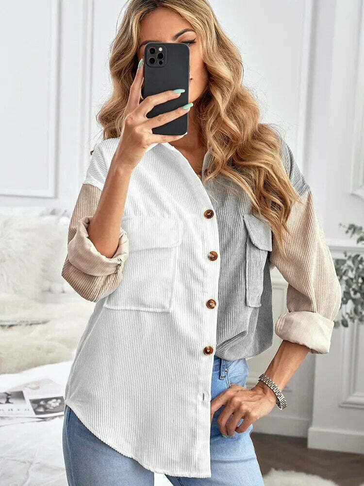 Y2K Corduroy Patchwork Shirt - Coquette Grunge Aesthetic - Cute Tops & Cargo Skirt Comfy Hoodie
