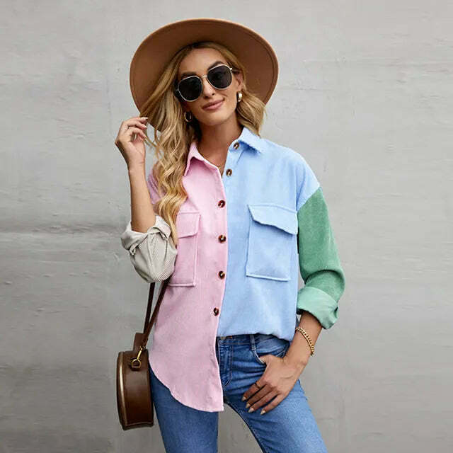 Y2K Corduroy Patchwork Shirt - Coquette Grunge Aesthetic - Cute Tops & Cargo Skirt Comfy Hoodie